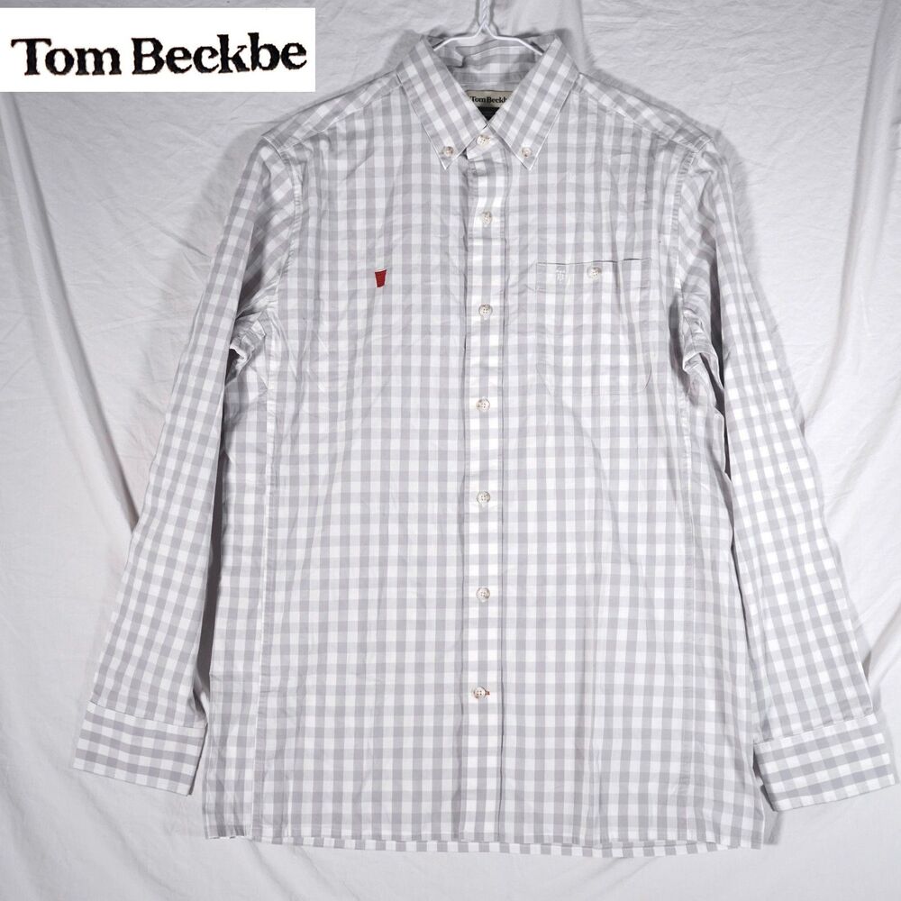 Tom Beckbe Long Sleeve Gingham Button Up Shirt White Gray Medium Red Cup